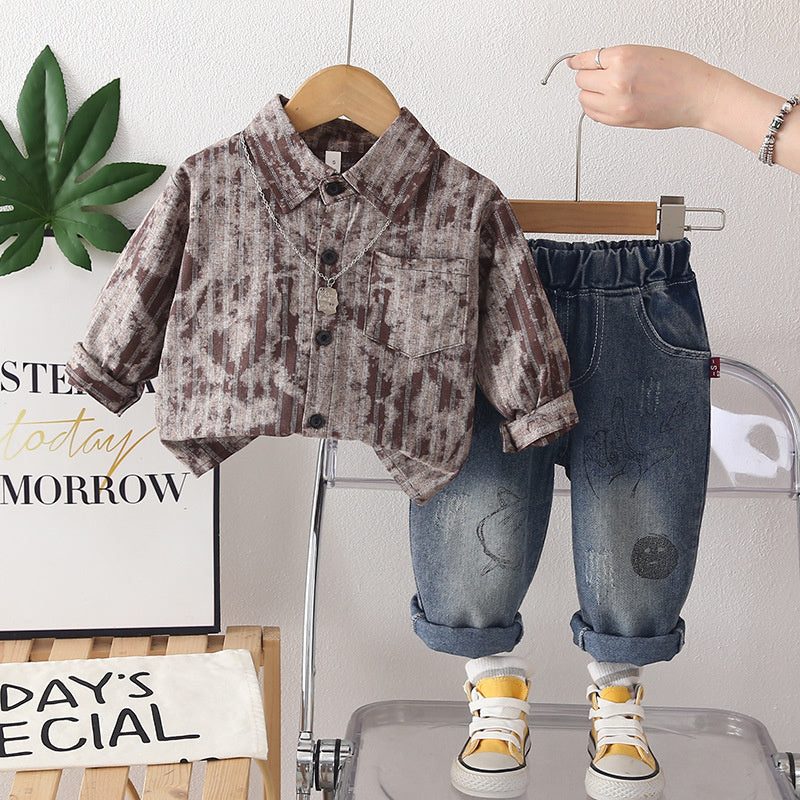 Boys' Suit 2026 New Spring and Autumn Style Children's Fashionable Striped Shirt Baby Casual Two-Piece Set Trendy Wholesale