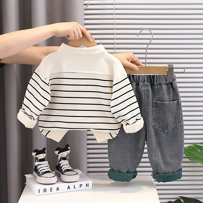Boys' Autumn Outfit 2026 New Style Baby Boy Spring Fashionable Half-Zip Striped Two-Piece Set for Infants and Children