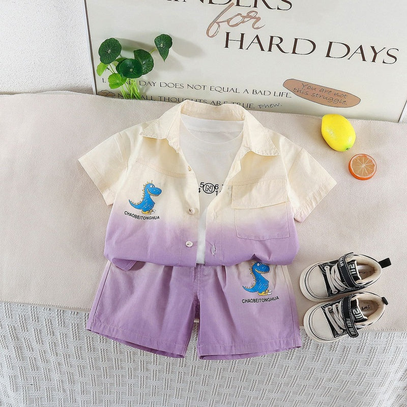Boys' Outfit 2026 New Model Children's Summer Casual Gradient Dinosaur Short Sleeve Three-Piece Set for Boys Trendy
