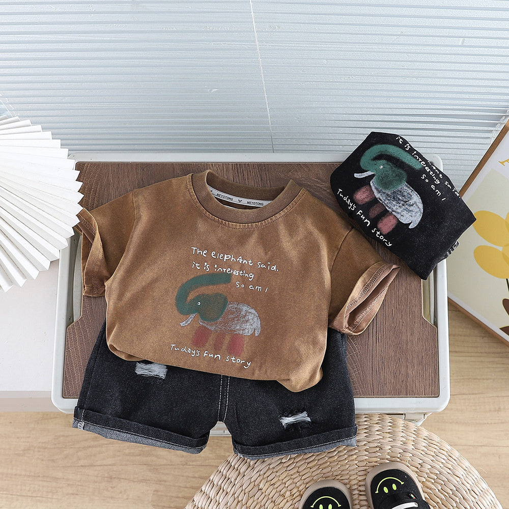 Boys' Outfit 2026 New Baby Elephant Round Neck Short Sleeve Two-Piece Set Children's Summer Clothes Trendy Kids' Clothing
