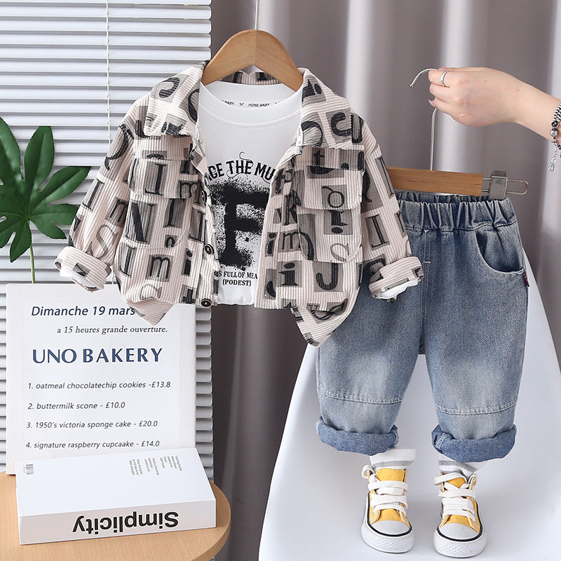 Boys' Outfit 2025 New Stylish Children's Spring and Autumn Letter Corduroy Three-Piece Set Baby Kids' Fashion