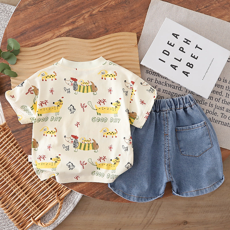 Boys' Summer Outfit: Children's Short-Sleeve Shirt with Dog Print and Denim Shorts Two-Piece Set for 1-3 Year Old Boys