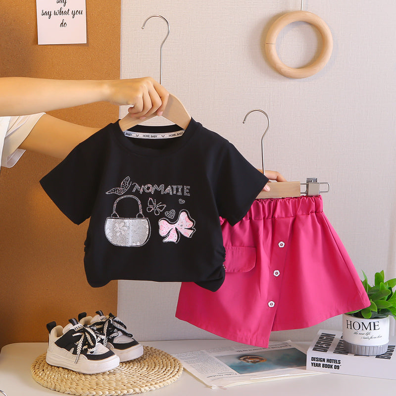 Girls' 2026 New Bow Short-Sleeve Two-Piece Set, Baby Girl's Casual Sports Outfit, Stylish Summer Style