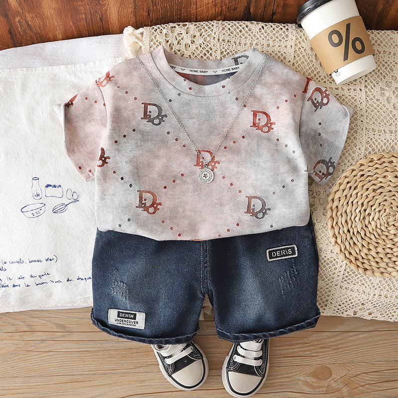 Boys' Outfit 2026 New Fashionable Toddler Summer Outfit, Round Neck Letter Print Short Sleeve Thin Clothing for Little Boys
