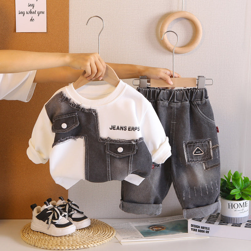 Boys' Sweatshirt and Autumn 2026 New Trendy Children's Sports Patchwork Clothes Baby Spring Set