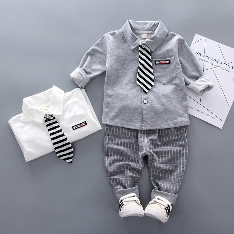 Trendy autumn outfits small medium-sized boys, new two-piece set with tie and shirt for boys aged 1-2-3 years, wholesale