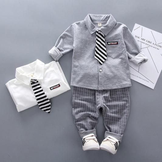 Trendy autumn outfits small medium-sized boys, new two-piece set with tie and shirt for boys aged 1-2-3 years, wholesale