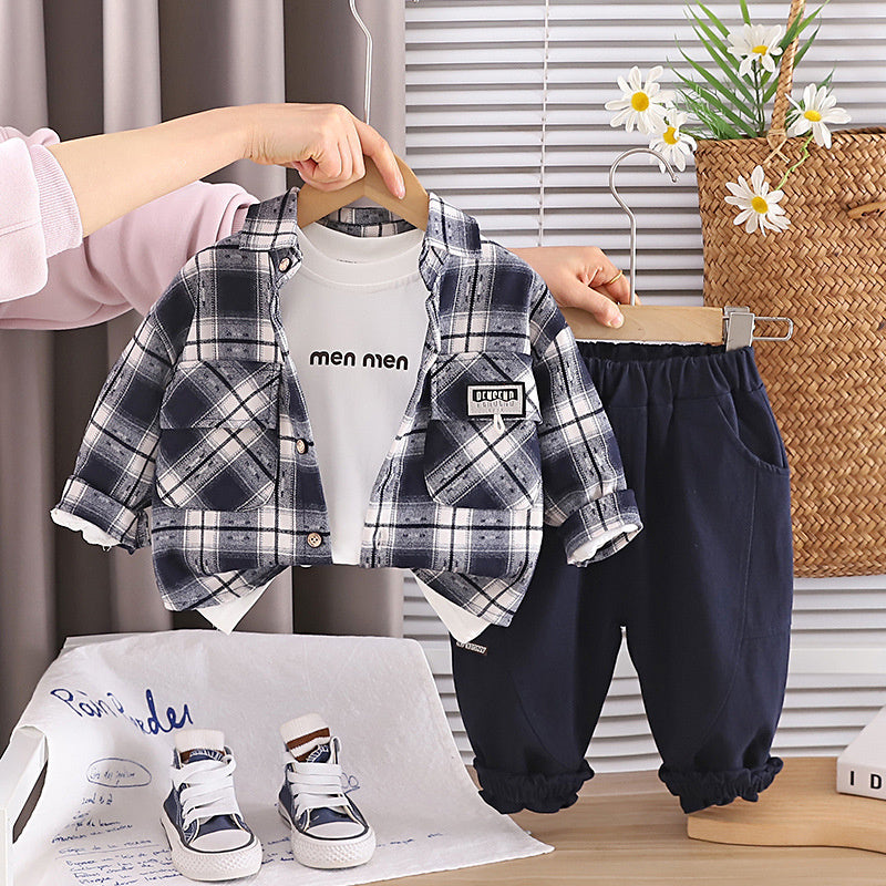 Boys' Outfit 2026 New Fashionable Children's Spring and Autumn Baby Stylish Casual Plaid Shirt Three-Piece Set