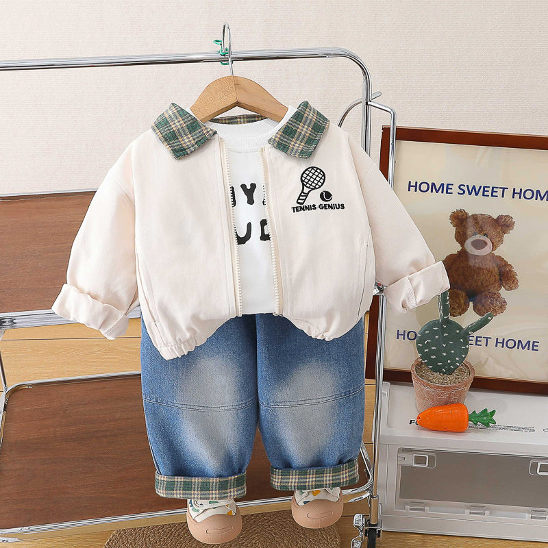 Boys' children's clothing spring autumn outfit 2026 new stylish casual toddler three-piece set with turn-down collar and long sleeves