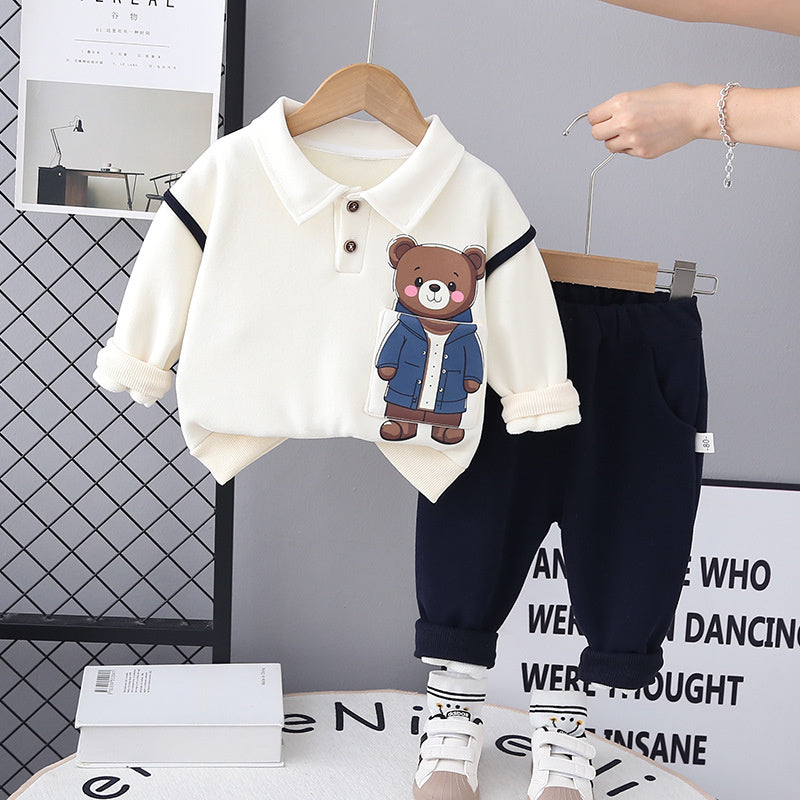 Boy Fleece Pocket Bear Button-Up Shirt Set 1-3 Years Old Winter Two-Piece Baby Clothes One Piece Dropshipping