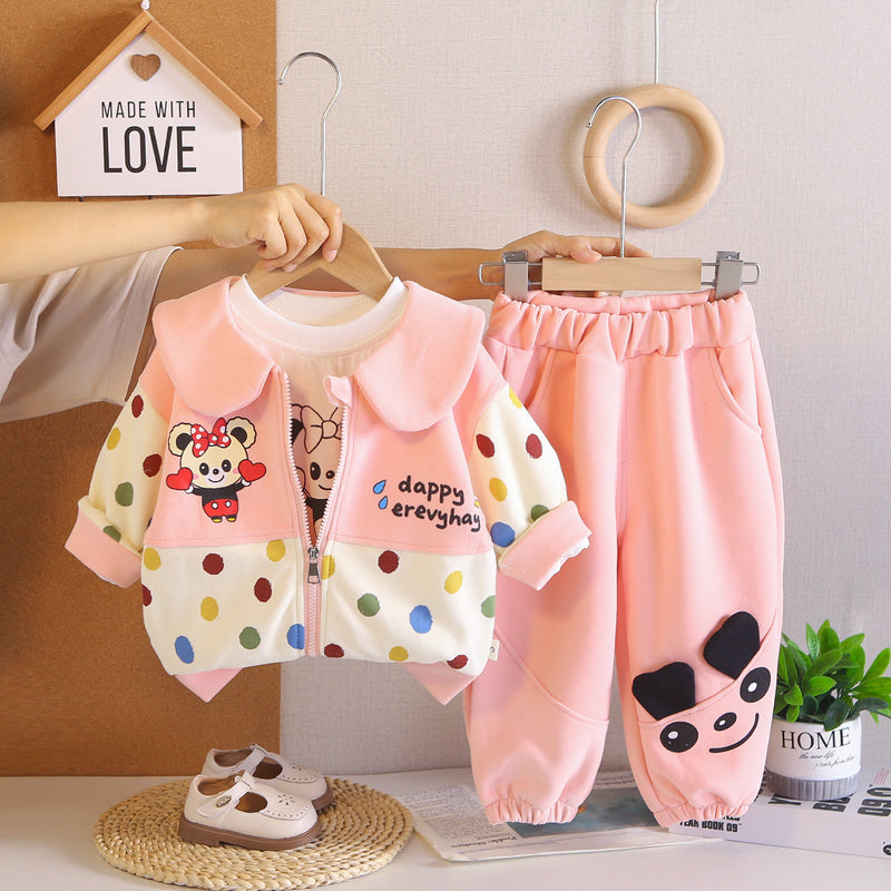 Girls' Stylish Colorful Polka Dot Outfit 2026 Spring/Autumn Collection, Turn-down Collar Cartoon Three-piece Set, Fashionable Baby Girl Clothes