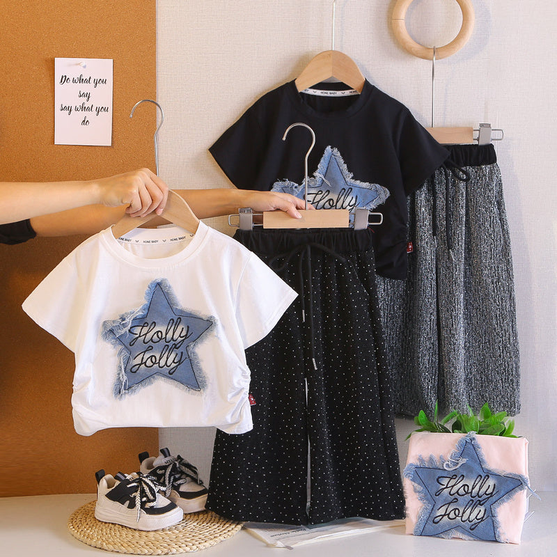Children's Summer Stylish Outfit 2026 New Girls' Casual Rhinestone Star Short Sleeve Long Pants Two-Piece Set