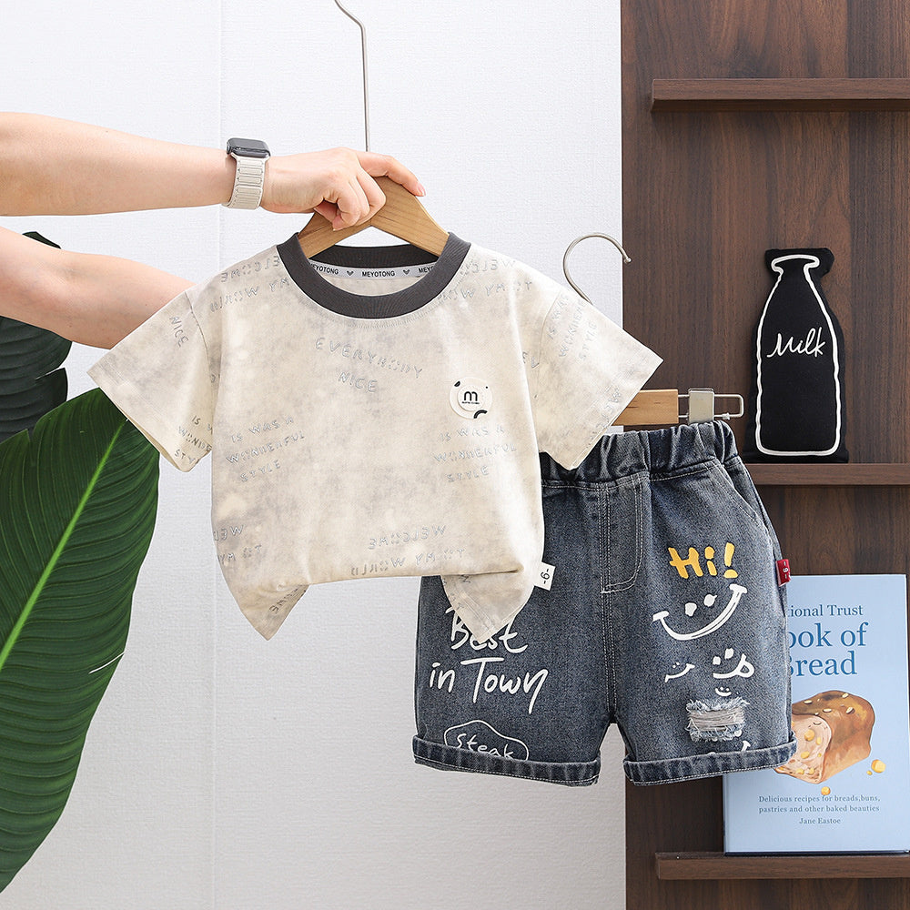 Boys' Outfit Set 2026 New Baby Summer Round-Neck Short-Sleeve Thin Korean Style Two-Piece Trendy Children's Clothing
