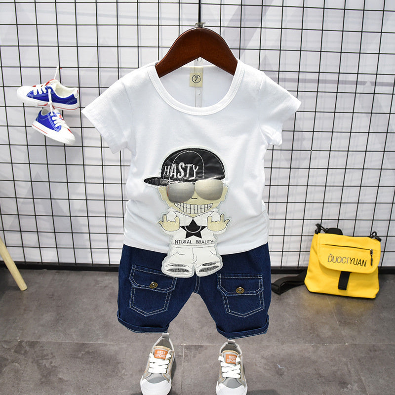 Boys' Short-Sleeve Set 2025 Summer Collection Children's Cartoon T-Shirt and Jeans Two-Piece Outfit for Toddlers