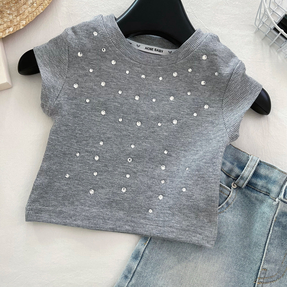 Girls' Summer Korean Style Short Sleeve T-Shirt Set 2025 New Fashionable Baby Girl Two-Piece Outfit with Sparkling Rhinestone Denim Skirt