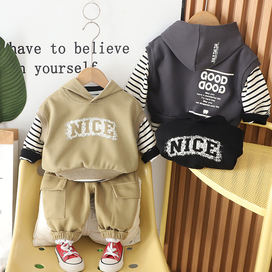 Outfit 2025 Fashionable Children's Clothing Spring and Autumn New Boys' Clothes Hooded Vest Three-Piece Set