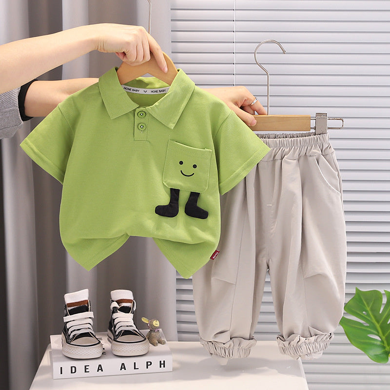 2026 New Summer Boys' Smiley Face Pocket Short Sleeve Set, Stylish Thin Casual Two-Piece Outfit for Baby Boys