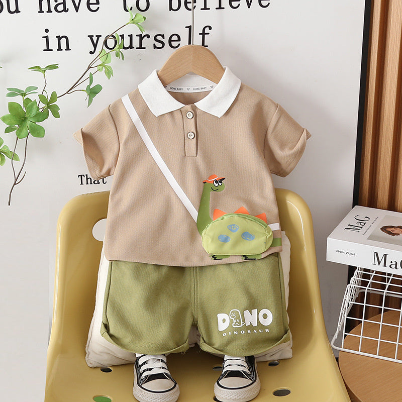 Boys' Turn-down Collar Dinosaur Short Sleeve 2026 New Baby Children's Clothing Toddler Summer Outfit Two-piece Trendy Set