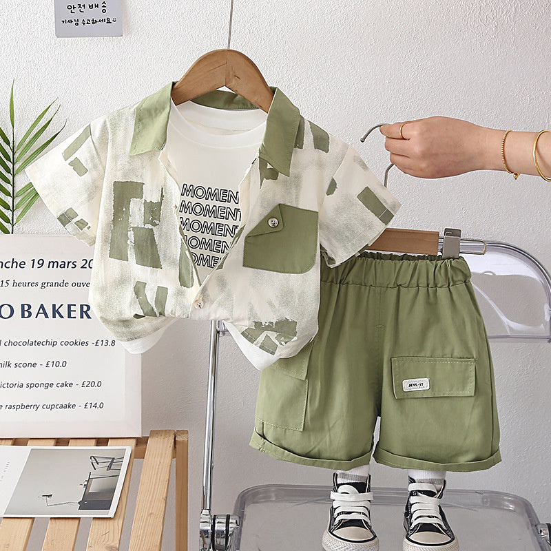 Boys' Clothing New 2026 Large Letter Shirt Baby Summer Outfit Stylish Short Sleeve Three-Piece Set