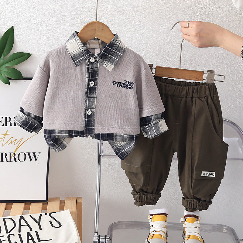 Boys' outfit, plaid color-block two-piece set, trendy and stylish, fashionable clothes for 2-year-old baby, spring stylish 3-piece boy's suit