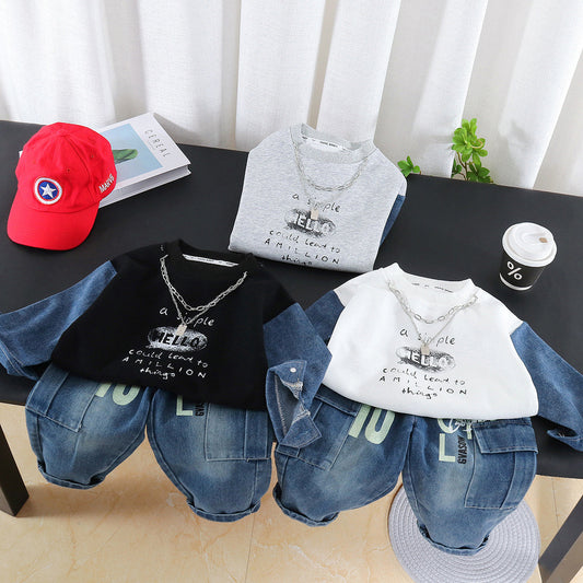 Boys' Outfit 2026 New Style Infant Children's Spring and Autumn Letter Patchwork Sweatshirt Two-Piece Set for Stylish Baby Boys