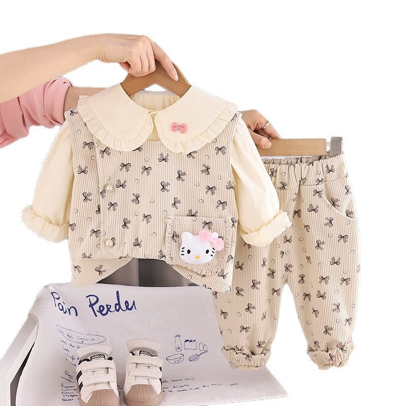 Girls' Outfit 2026 New Fashionable Children's Spring and Autumn Corduroy Bow Three-Piece Set for Girls