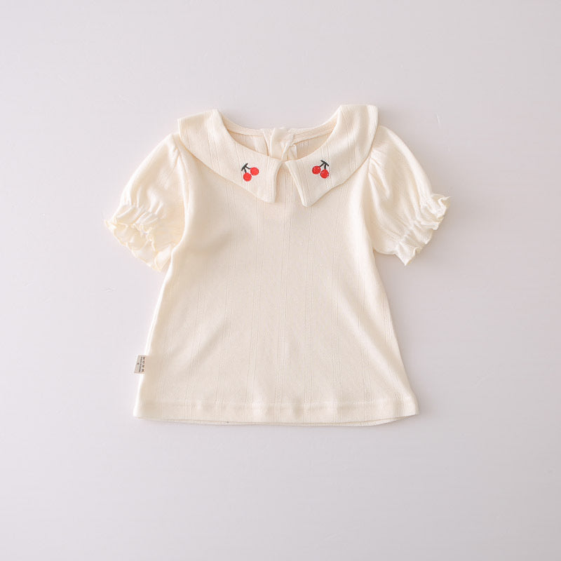 Girls' Summer Outfit 2026 New Fashionable Baby Collar Cherry Short Sleeve Shorts Two-Piece Set Children's Trendy Clothing