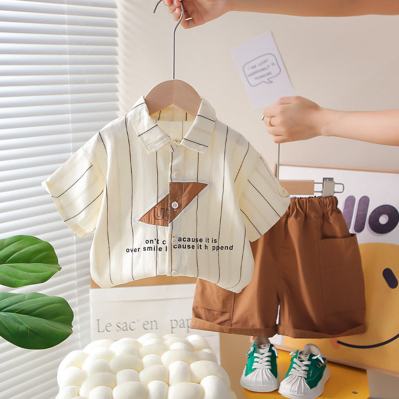 Boys' Outfit 2026 New Model 1-3 Year Olds, Summer Style for Toddlers, English Striped Short Sleeve Shirt Two-Piece Set