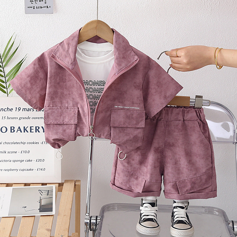Baby Outfit 2026 New Fashionable Set for Boys, Summer Stand Collar Zipper Shirt Three-Piece Set, Infant and Children's Clothing