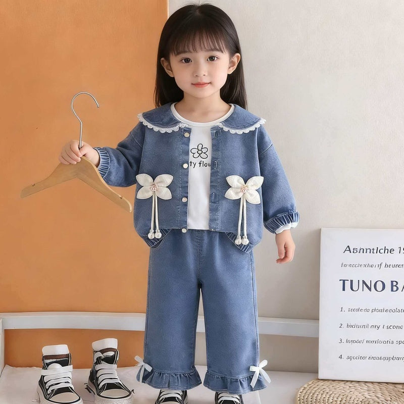 Girls' Outfit and Autumn 2026 New Fashionable Casual Denim Three-Piece Set Children Stylish Spring Clothes for Babies