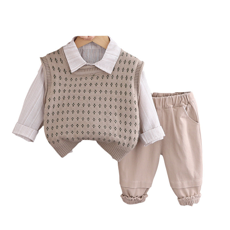 1 Year Old Baby Boy Outfit 2025 New Style 3 Boys Sweater Vest Three-Piece Set Spring and Autumn Infant Toddler Fashion
