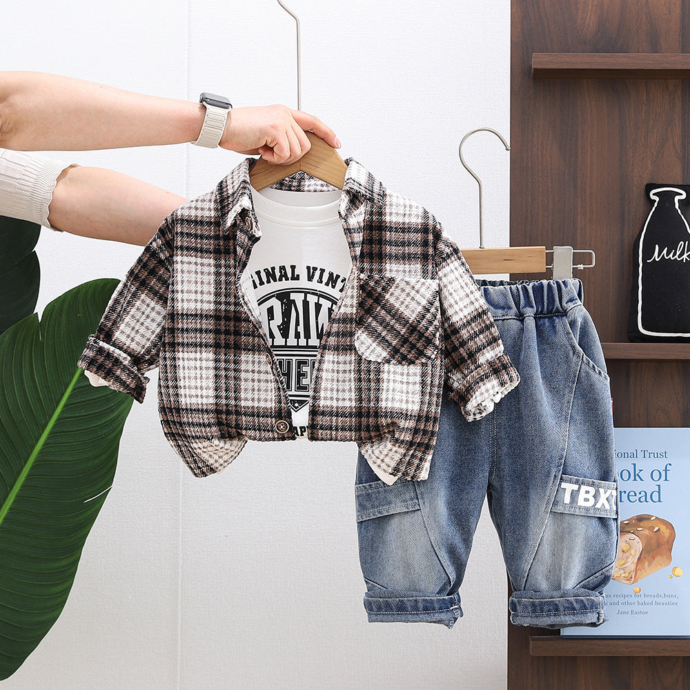 Boys' Spring Plaid Shirt Three-Piece Set for 1-2-3-5 Year Olds, Korean Style Fashionable Baby Clothing