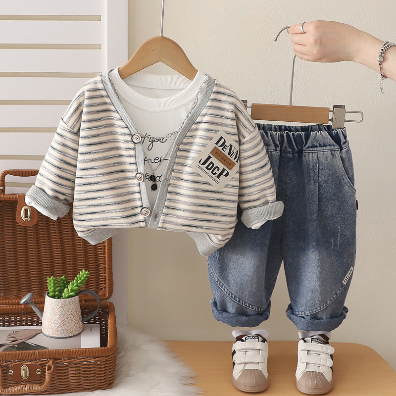 Boys' Outfit 2026 New Fashionable Children's Sunglasses Necklace Striped Three-Piece Set Stylish Baby Korean Style Autumn