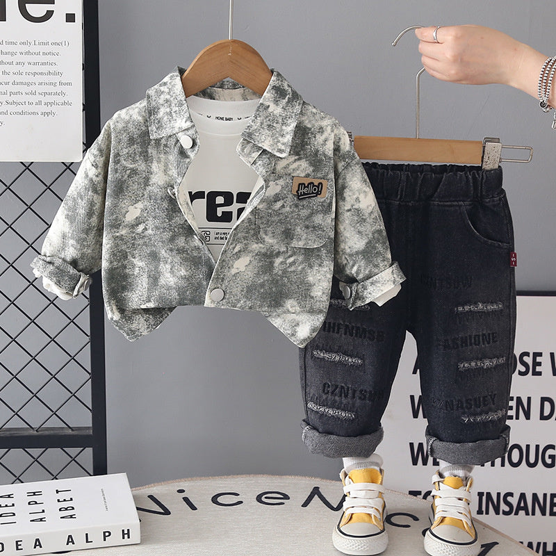 Spring and Outfit 2026 New Style Boys' Autumn Clothes Children's Korean Version Full-Print Round Pocket Three-Piece Set Trendy Wholesale