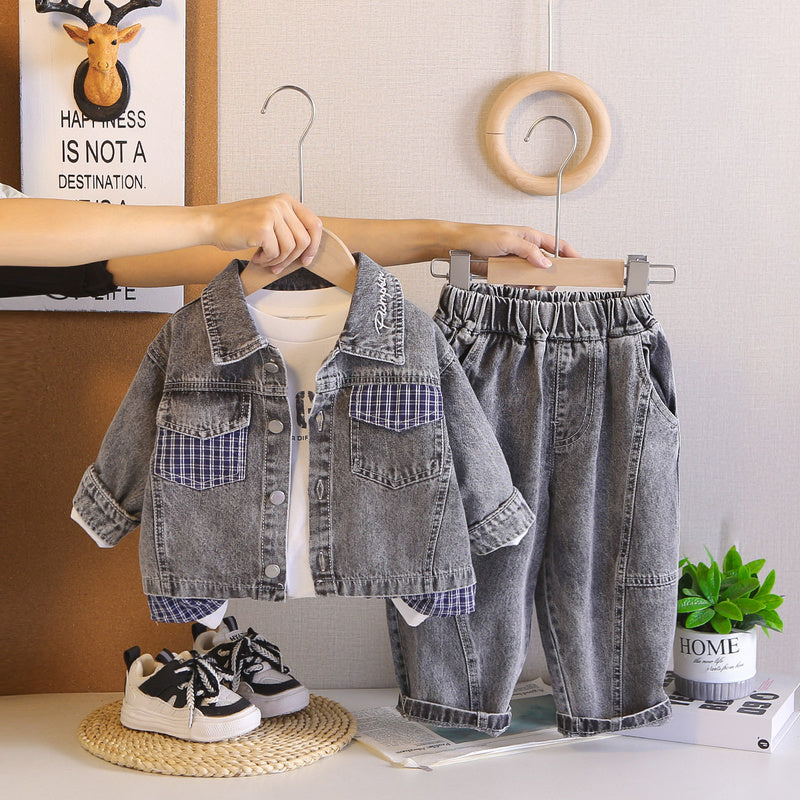 Boys' Autumn Plaid Color-Block Denim Three-Piece Set Infants and Toddlers 1-4 Years Old, Stylish Spring Outfit for Babies