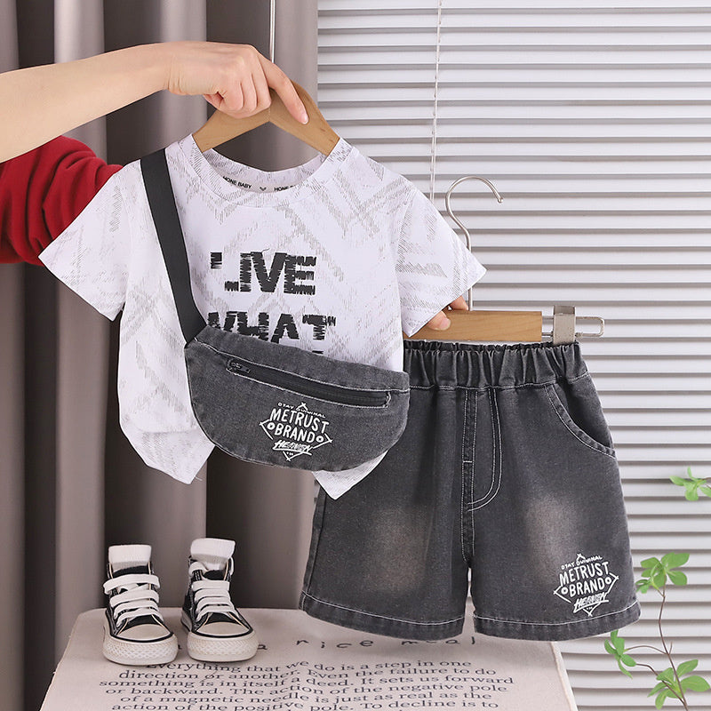 Boys' short-sleeve stylish lightweight children's clothing, cool and handsome baby summer outfit, two-piece set with denim bag
