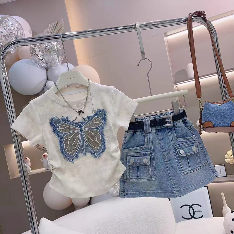 Girls' 2026 Summer New Children's Clothing Set with Unique Bow Embroidered Top and Denim Skirt