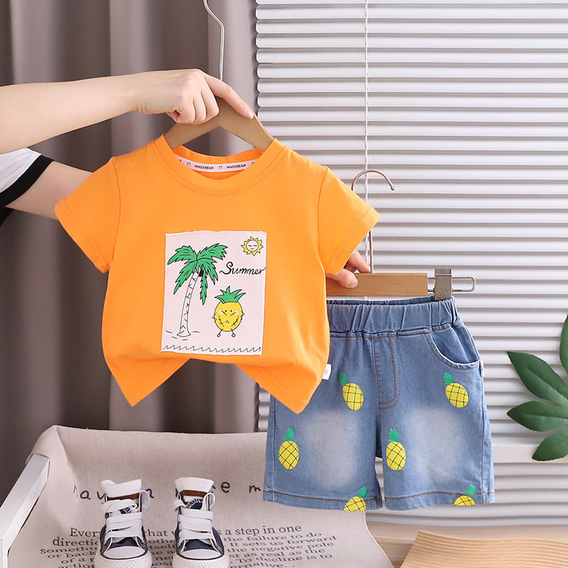 Boys' Outfit 2026 New Fashionable Toddler Baby Summer Pineapple Round Neck Short Sleeve Thin Cartoon Clothes