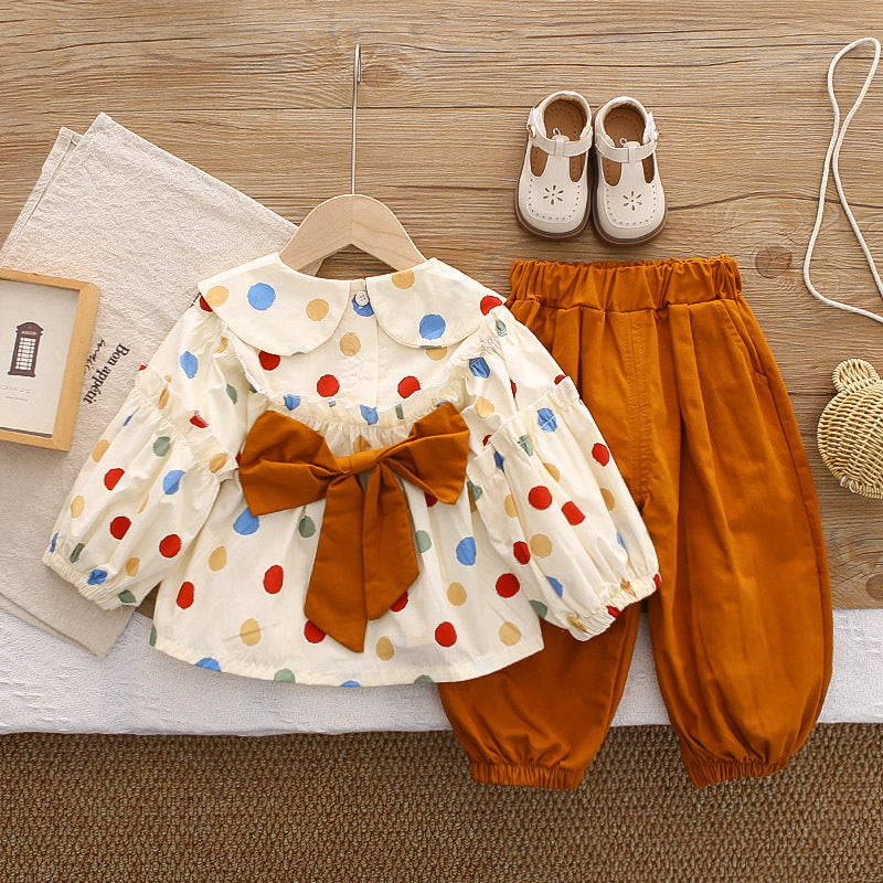 Girls' 2026 New Spring and Autumn Outfit, Stylish Children's Colorful Polka Dot Doll Shirt, Casual Two-Piece Set for Baby Girls
