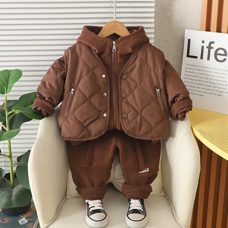 Boys' Thickened Outfit Winter Korean Style Fashionable Children's Outerwear Zipper Pocket Vest Fleece Three-Piece Set Trendy