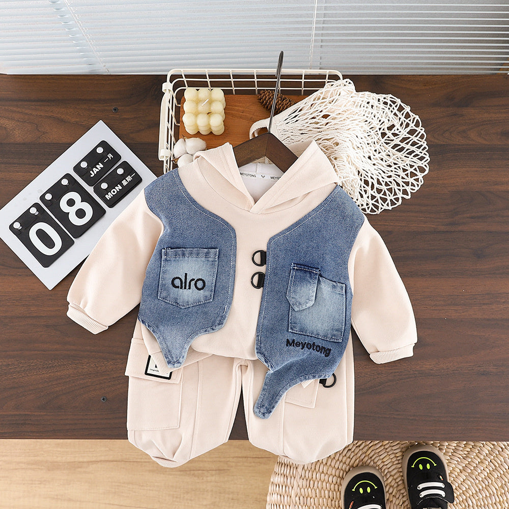 Children's clothing for spring and autumn, boys' denim fake vest two-piece toddler hooded sweatshirt top set, baby clothes