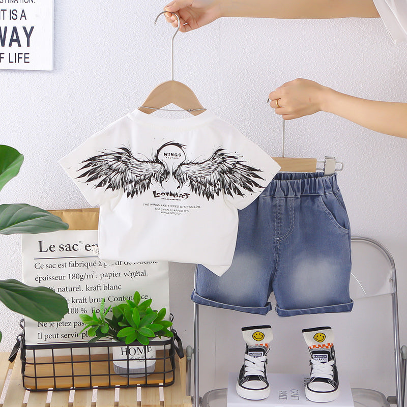 Boys' Wing Short Sleeve 2026 New Korean Style Thin Summer Outfit for Young Boys, Trendy and Cool Two-Piece Set