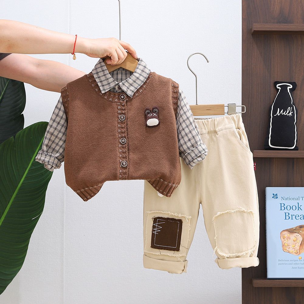 Boys' Spring and Autumn 2025 New Fashionable Children's Stylish Baby 3D Bear Head Cardigan Sweater Three-Piece Set Trendy