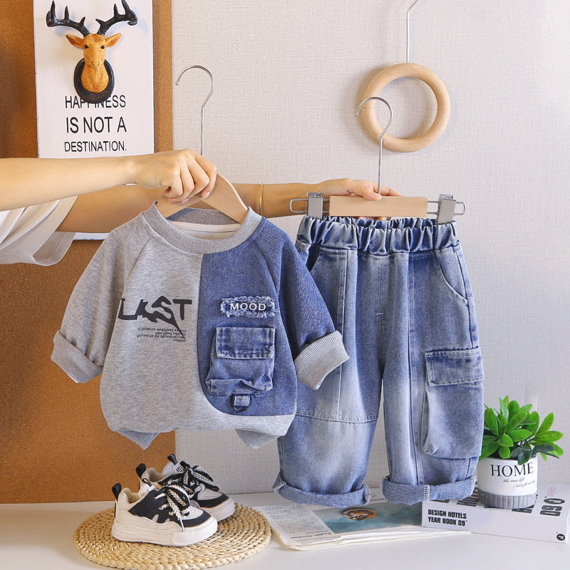 Boys' Outfit Set 2026 Casual Long Sleeve New Two-Piece Fashionable Baby Spring and Autumn Children's Patchwork Sweatshirt