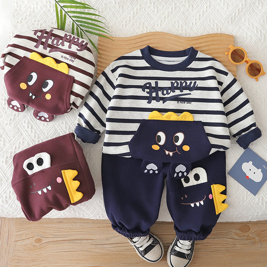 Boys' and Autumn Outfit 2026 New Style Baby Boy Spring Fashion Striped Dinosaur Two-Piece Set Infant Toddler Clothing