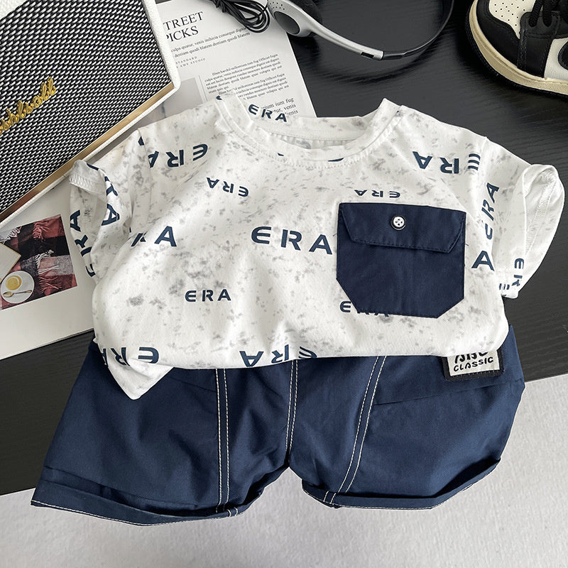 Boys' Summer Short-Sleeve Outfit 2026 New Fashionable Two-Piece Set for Children, Baby Clothes with Full Letter Print, Trendy