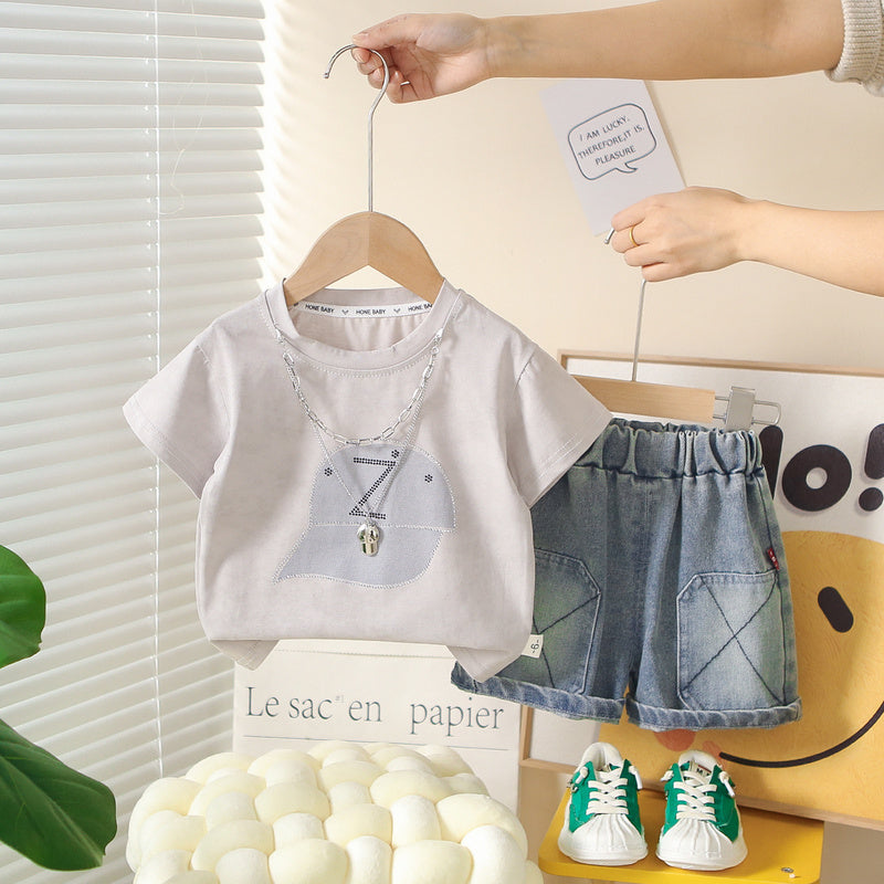 Boys' Outfit 2026 New Style Hat Short Sleeve Stylish Toddler Summer Clothes Round Neck Two-Piece Set Baby Trendy