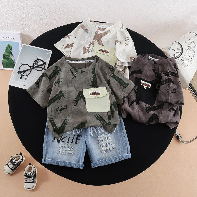 Boys' Summer Outfit 2026 New Style Diagonal Pocket Short Sleeve Shorts Two-Piece Set Stylish Baby Clothes Children's Wear