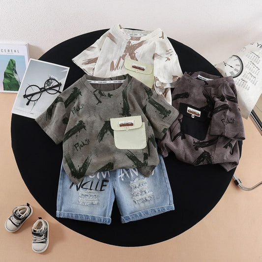 Boys' Summer Outfit 2026 New Style Diagonal Pocket Short Sleeve Shorts Two-Piece Set Stylish Baby Clothes Children's Wear