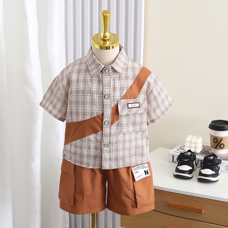 Children's Suit for Boys, 2026 New Style, Baby Patchwork Plaid Short-Sleeve Shirt Two-Piece Set, Lightweight Summer Outfit, Trendy